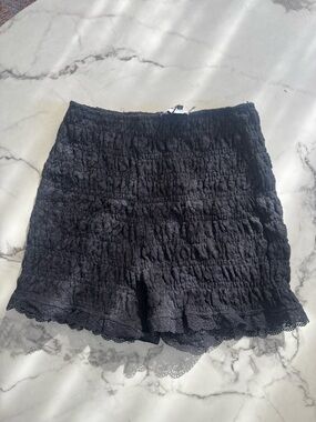Princess Polly Black Smocked High-Waist Lace-Hem Shorts